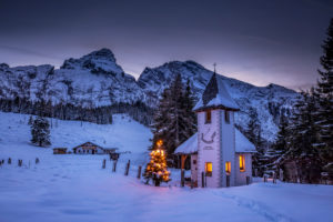 Watzmann in winter with small church illuminated for Christmas, winter, Upper Bavaria, Bavaria, Germany, Watzmann in winter with small church illuminated for Christmas, winter, Upper Bavaria, Bavaria, Germany,